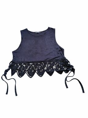 Zara Black Cropped Tank Top with Crochet Hem
